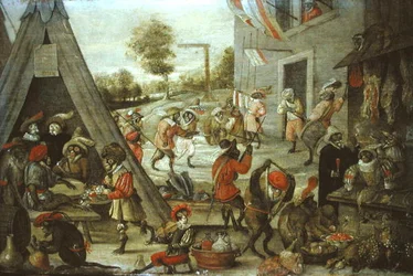 Affen- und Katzensoldaten in einem Lager, 1632